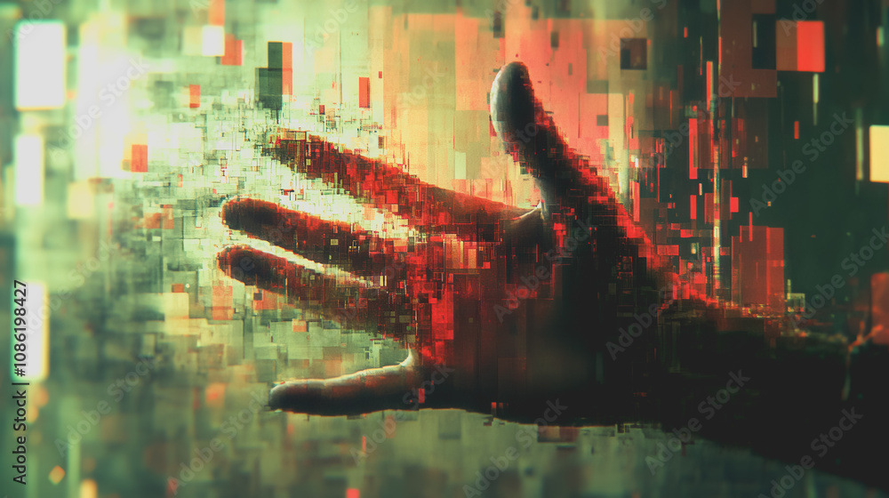 Poster artistic representation of a hand reaching out through a digital screen with breaking pixels in abst
