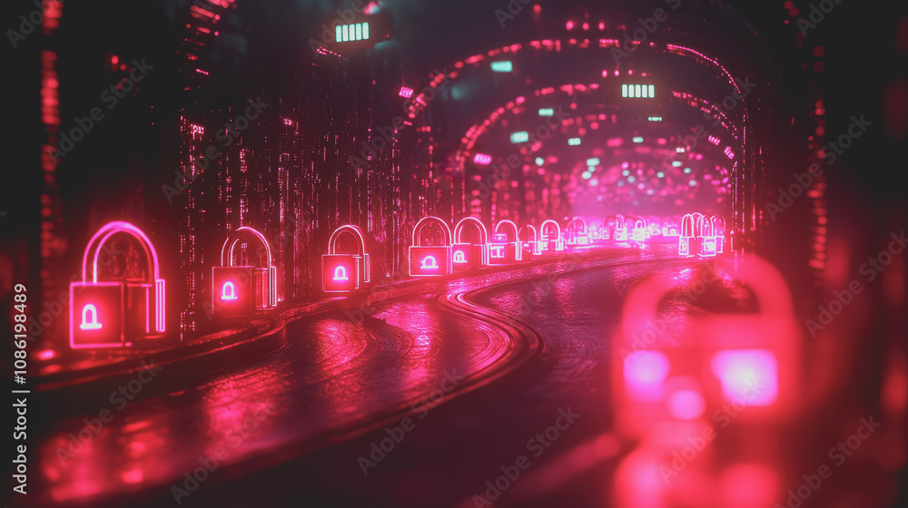Poster a futuristic digital network of glowing padlocks connected by neon lines in an abstract virtual envi