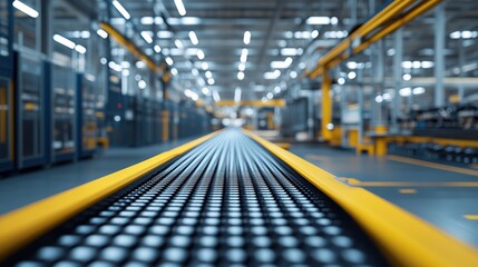 Fototapeta premium Industrial interior with a conveyor belt leading through a manufacturing facility.