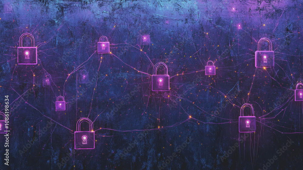 Poster digital network of glowing padlocks connected by lines, illustrating online security and data protec