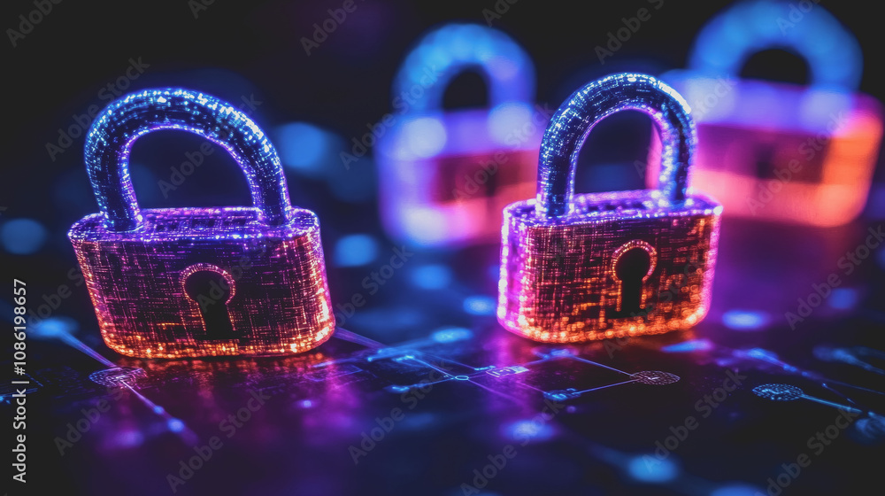 Poster glowing padlocks connected by digital lines in a network, representing cybersecurity, data protectio