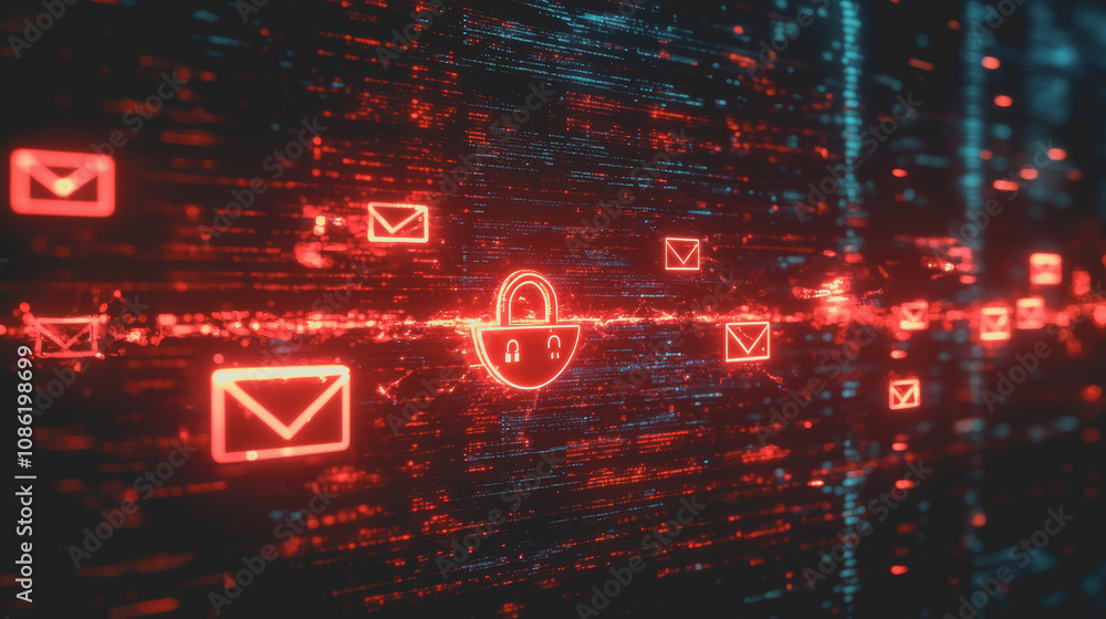 Poster stylized representation of a phishing attack with lock symbol and email icons on a digital backgroun