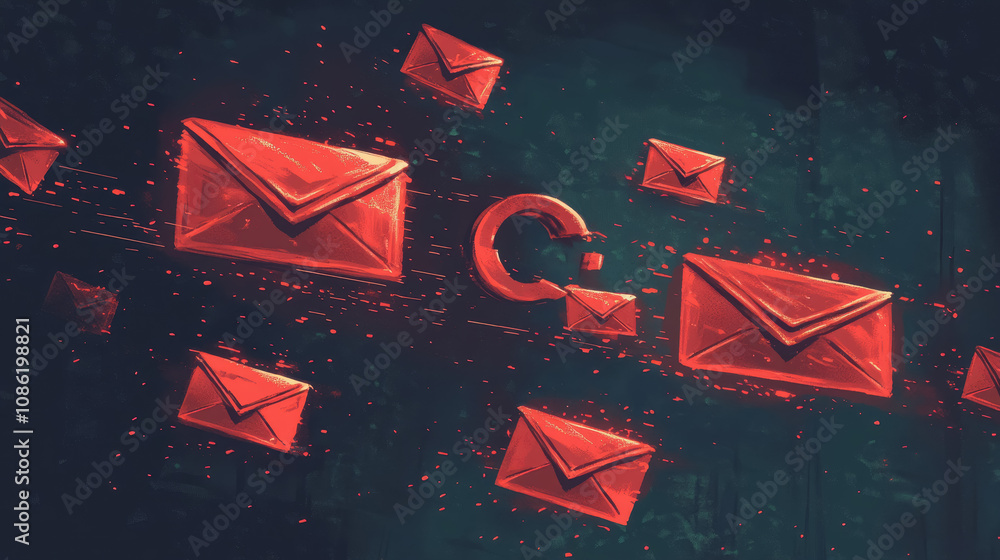 Poster stylized representation of phishing attack with red emails and suspicious elements in a dark backgro