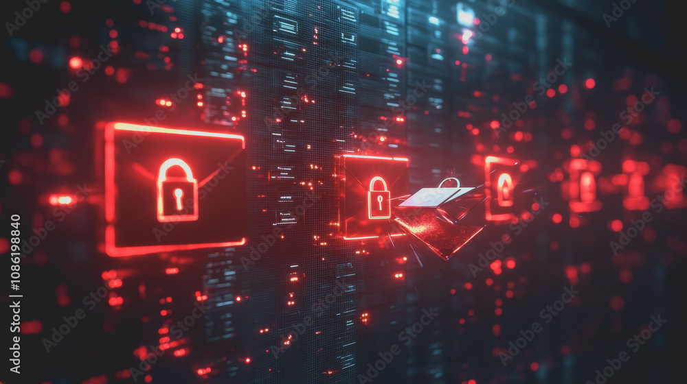 Poster stylized representation of a phishing attack featuring lock symbols and digital elements in a cybers