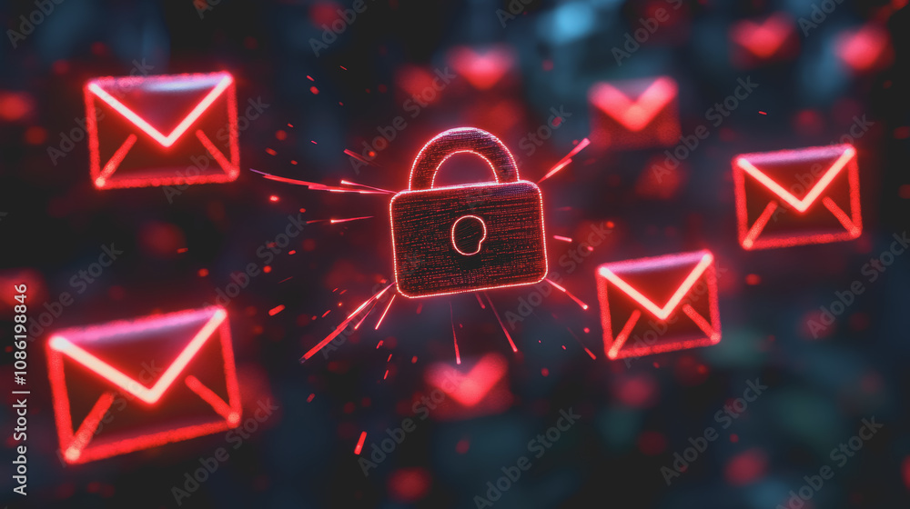 Poster stylized representation of a phishing attack with emails and a digital lock concept, perfect for cyb