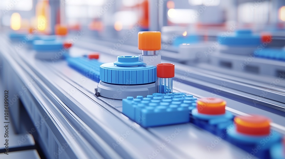 Poster a close-up view of a conveyor system with colorful buttons and components.