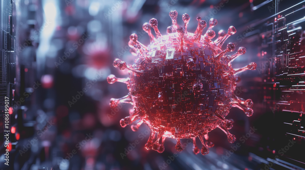 Poster Abstract Digital Illustration of a Virus-Like Shape in a High-Tech Environment, Featuring Glowing Elements and a Complex Background, Ideal for Science and Technology Concepts
