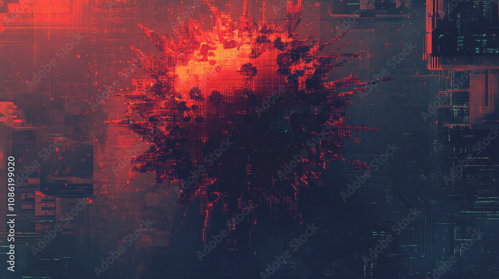 Aufkleber abstract digital illustration of a virus-like shape with vivid red color on a technological backgrou