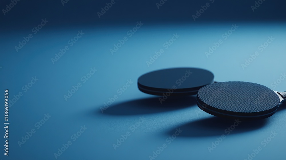 Poster a pair of black circular objects on a blue surface, creating a minimalist aesthetic.