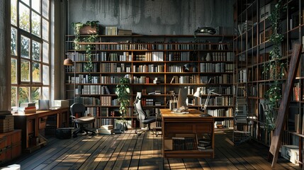 A sunlit library with bookshelves, a desk, and plants.