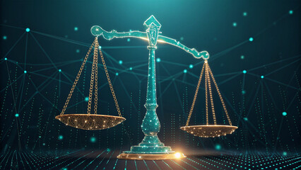 teal Law scales on background of data center. Digital law concept of duality of Judiciary, Jurisprudence and Justice and data in the modern world. Copy space. AI