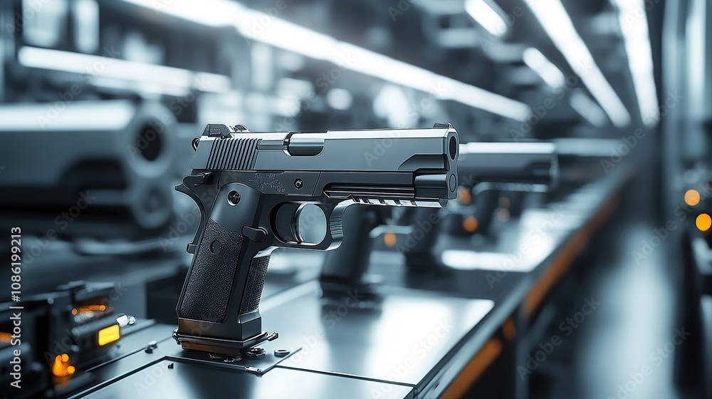 Poster a close-up view of a modern handgun displayed in a well-lit setting.