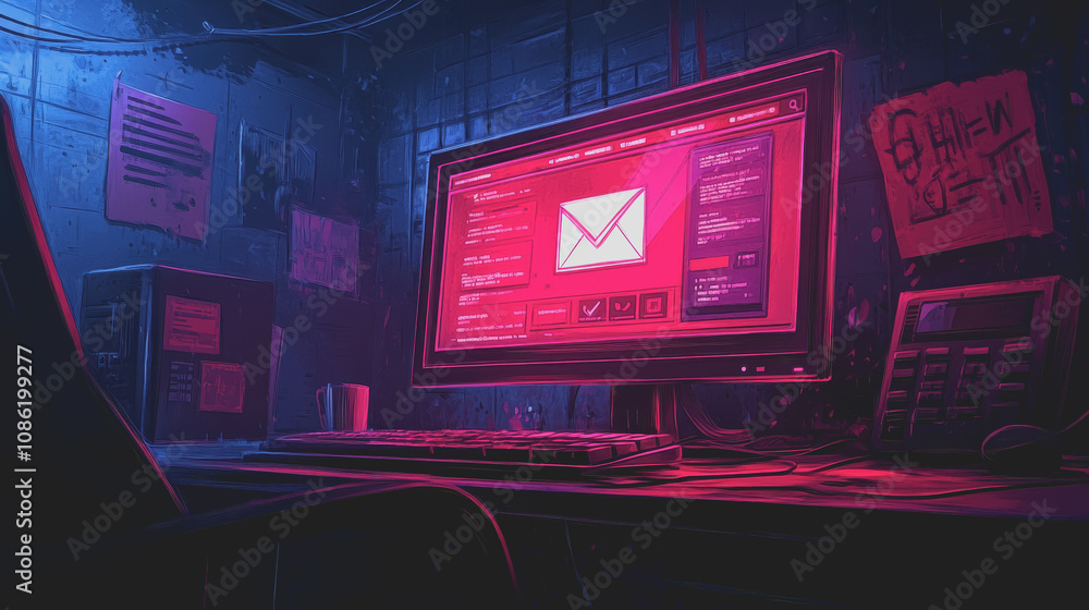 Poster dark and moody illustration of a computer screen displaying a fake email interface in a gritty envir