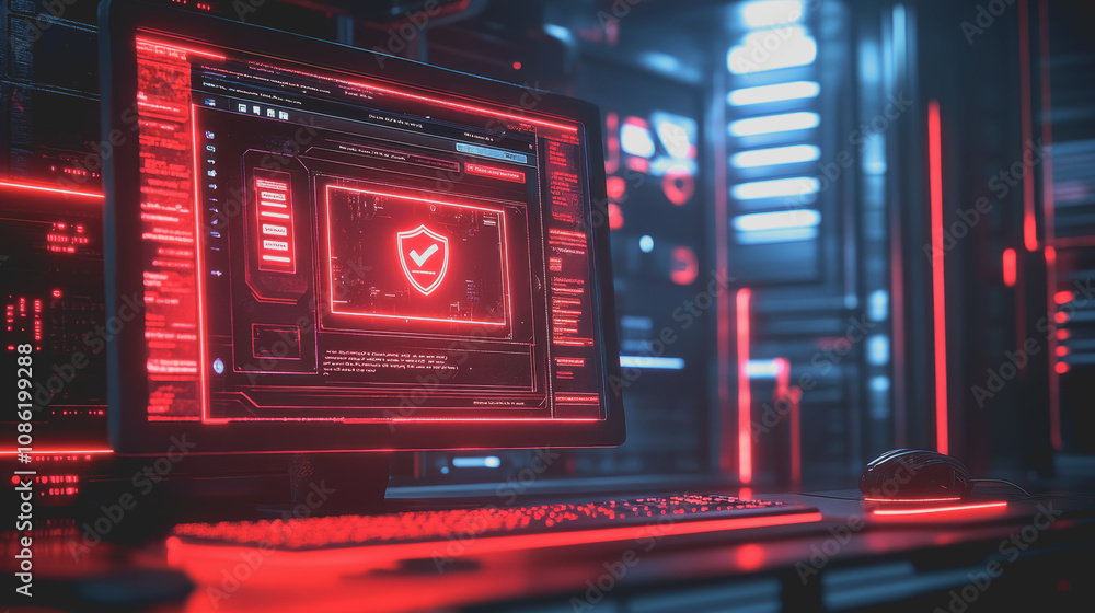 Poster detailed illustration of a computer screen displaying a fake security alert in a futuristic cyber en