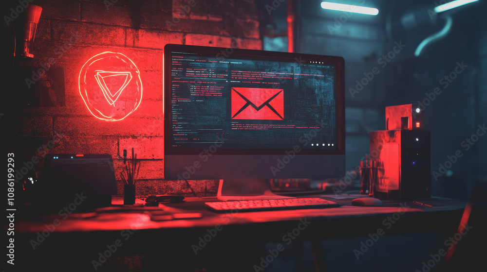 Poster detailed illustration of a computer screen in a dark environment, displaying fake messages and codin