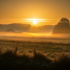 Naklejka premium Serene sunrise view over a foggy countryside field