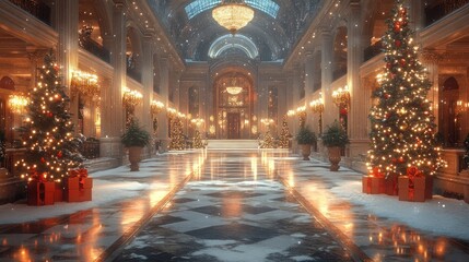 Fototapeta premium Elegant winter hall adorned with Christmas trees and decorations.