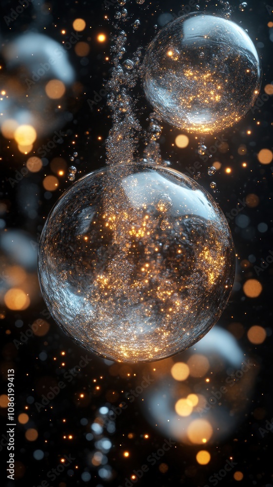 Poster bubbles with shimmering particles in a dark background.