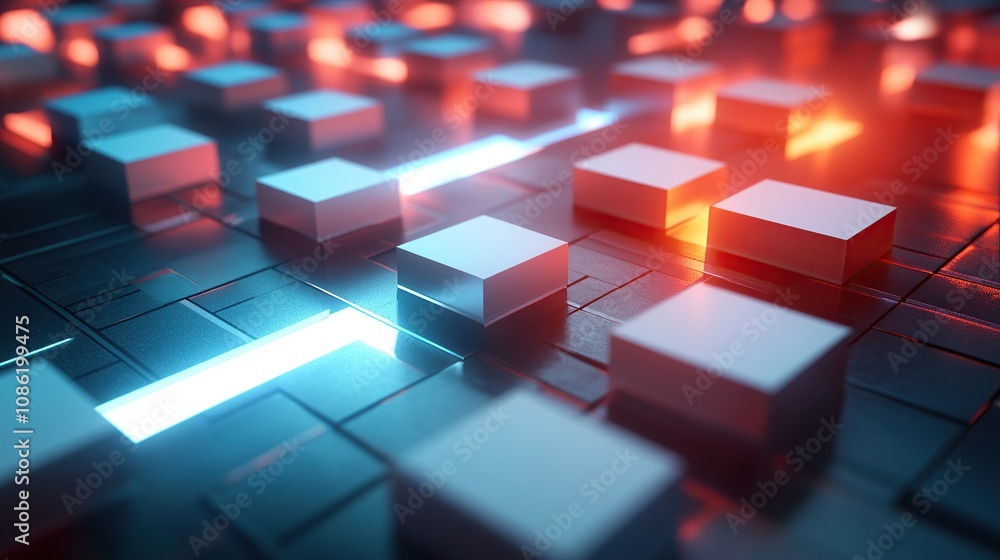 Poster abstract digital scene with glowing cubes on a textured surface.