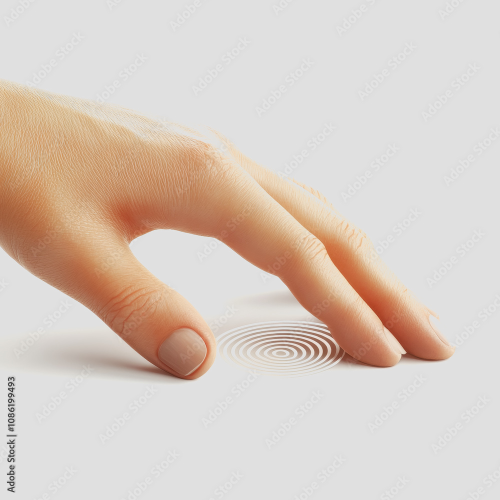 Poster realistic illustration of a human hand performing authentication gesture on white background, emphas