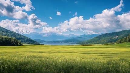 Obraz premium Scenic Landscape, Mountains, Meadow, and Sky