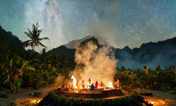 Starry night during ayahuasca ceremony with shamans around fire
