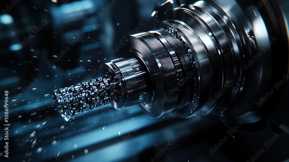 Poster close-up of a precision mechanical component in a high-tech industrial setting.