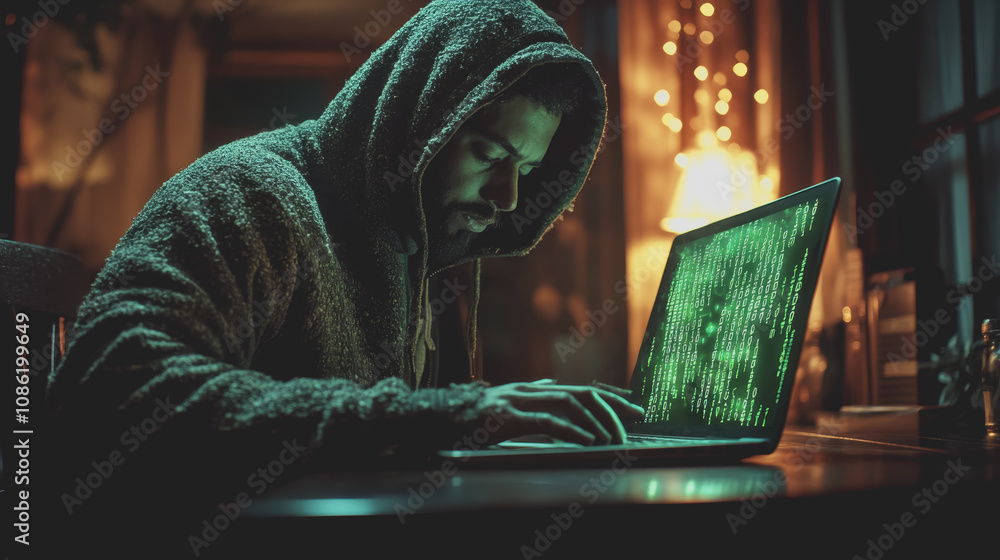 Poster close-up of a hacker in a dimly lit room, focused intently on a laptop screen displaying green code,
