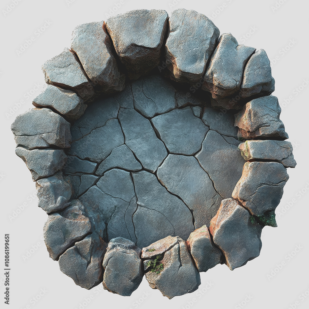 Poster isolated 3d illustration of a circular stone structure with cracks on white background for creative 