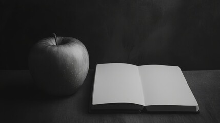 A single apple and an open blank book on a dark background.