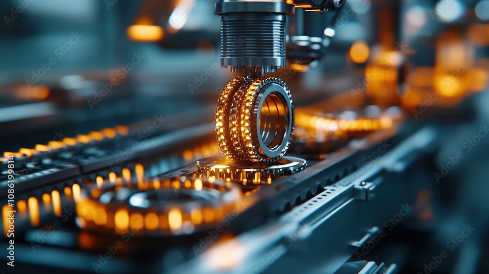 Poster a close-up of a robotic assembly line placing precision components in an industrial setting.