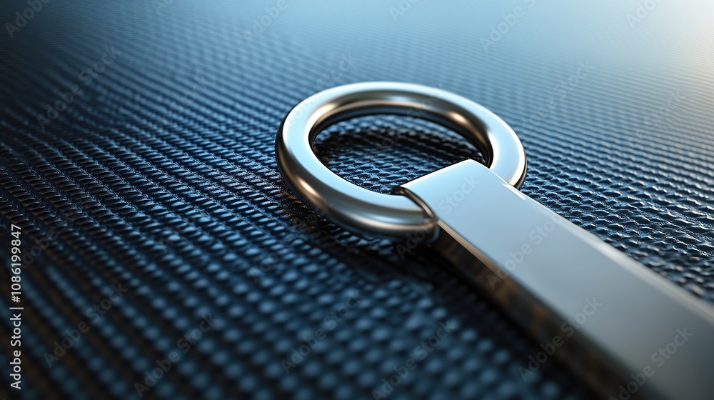 Poster close-up of a metallic keyring on a textured surface, highlighting design and function.