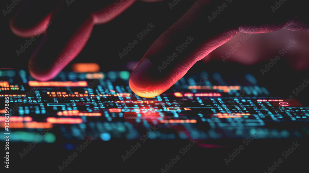 Poster close-up of a hand hovering over a suspicious email interface, highlighting the intricacies of cyber