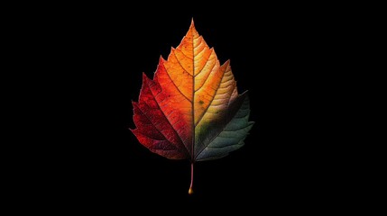 A single autumn leaf with vibrant reds, oranges, yellows and greens against a black background.