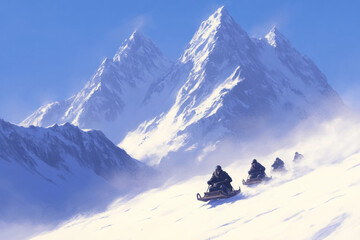 Three people are riding snowmobiles on a snowy mountain