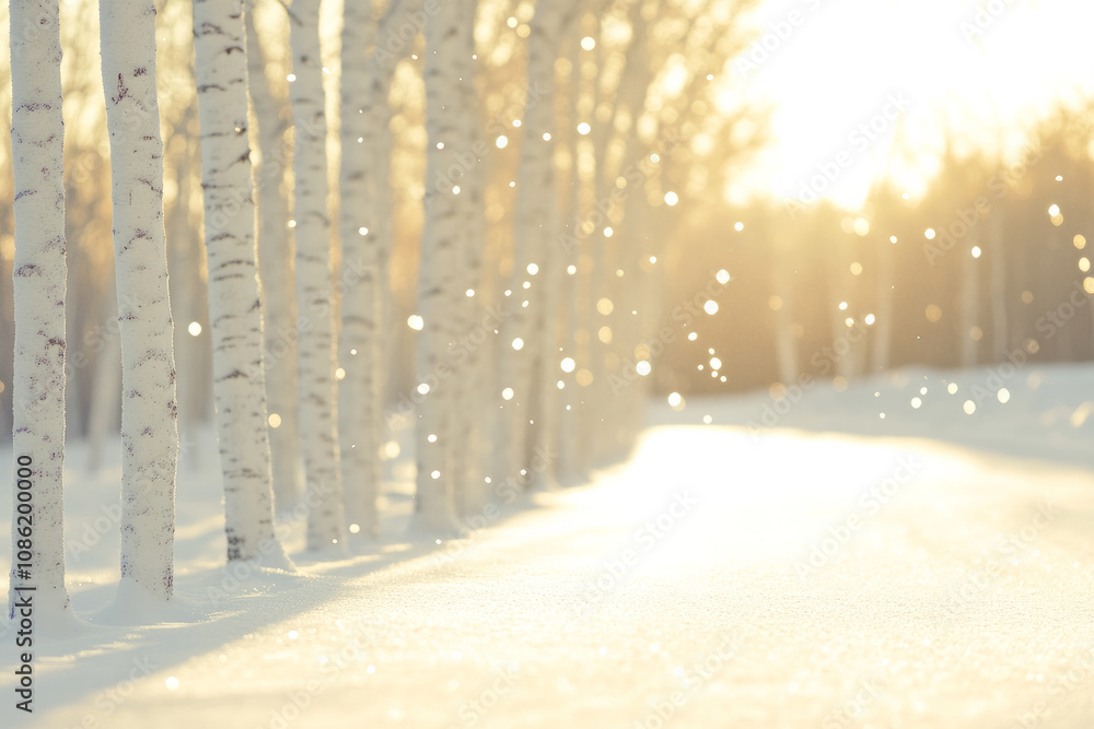 Poster a snowy landscape with a row of trees and a road in the background