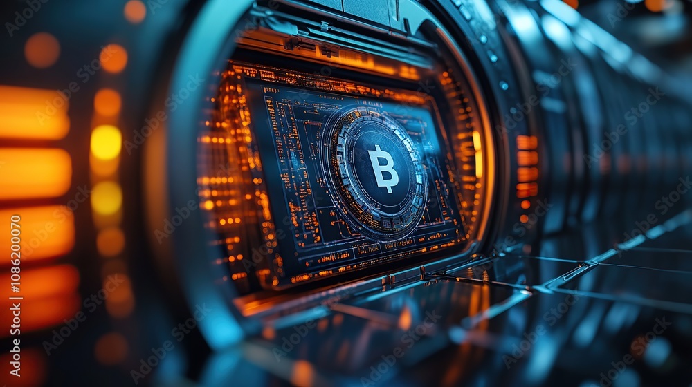 Poster a close-up of a bitcoin symbol within a futuristic digital interface.