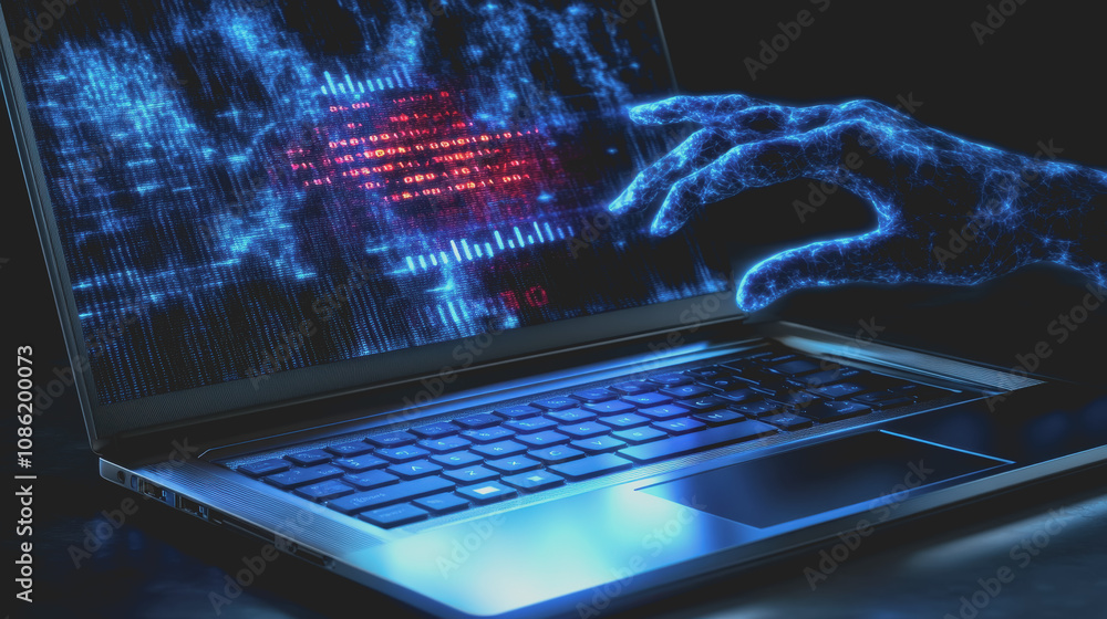 Poster mysterious digital interaction: close-up of laptop keyboard with shadowy hand reaching towards scree