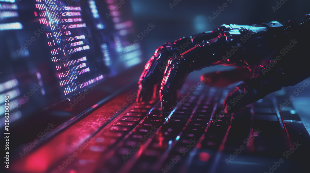 Poster robotic hand typing on laptop keyboard with shadowy background creating a futuristic aesthetic and e