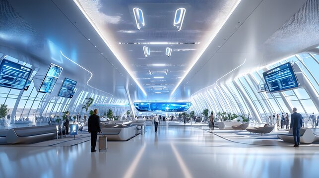 20. A spaceport terminal with holographic flight information displays, digital boarding passes, and a futuristic departure lounge - Powered by Adobe