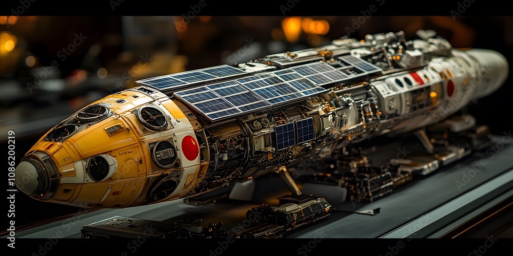 Poster a detailed model of a futuristic spacecraft showcasing intricate design and technology.