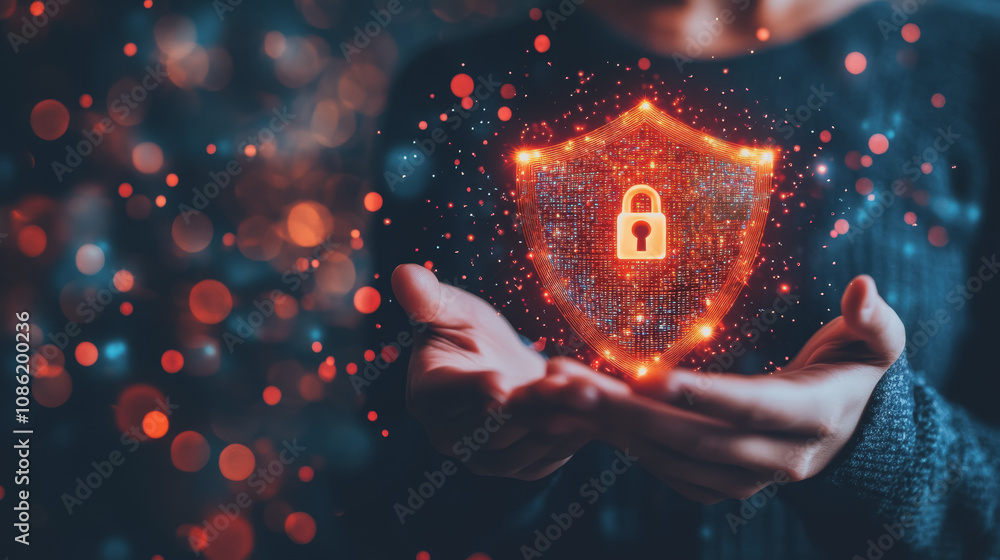 Aufkleber close-up of hands holding a glowing digital shield symbolizing security and protection in a high-tec