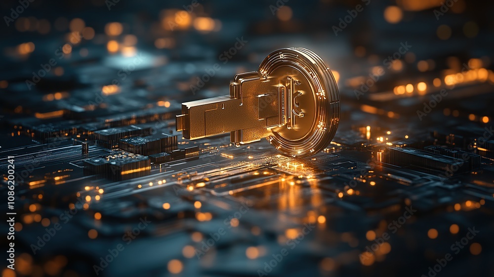 Poster a digital key on a circuit board, symbolizing cybersecurity and technology.