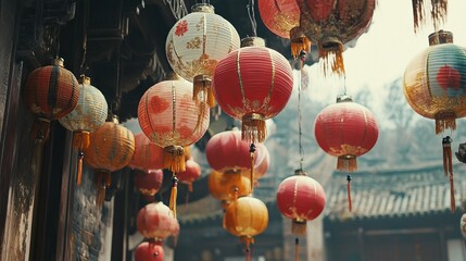 Colorful red and gold lanterns hanging in a traditional chinese street to celebrate chinese new...