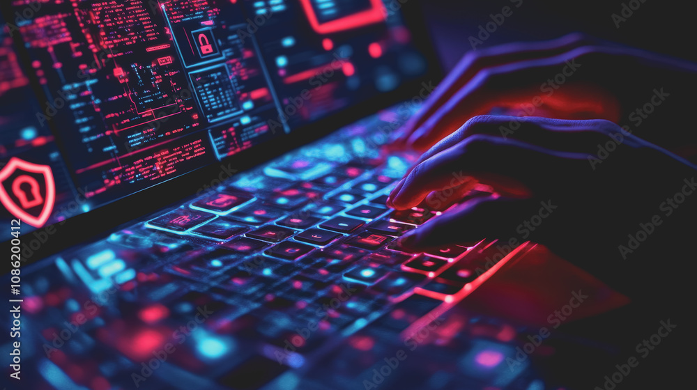 Poster close-up of hands typing on a laptop keyboard illuminated with vibrant cyber-themed graphics, demons