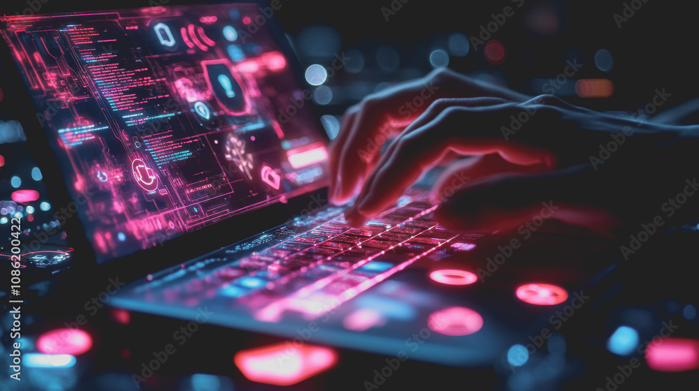 Poster close-up of hands typing on a laptop with cybersecurity graphics displayed on screen in a futuristic