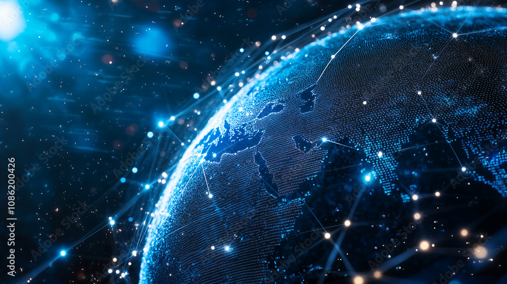 Poster blue globe representing digital technology on a futuristic background, seamless global connection, i