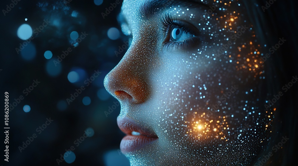 Poster a close-up of a woman's face illuminated with cosmic patterns and sparkling lights.