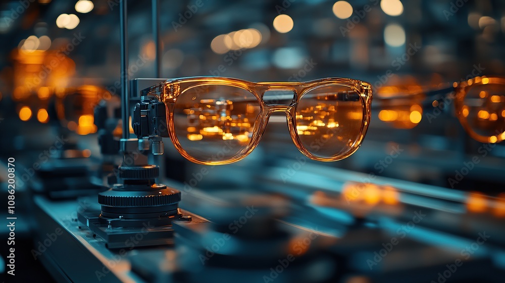 Poster glasses displayed in a factory setting with warm glowing lights.