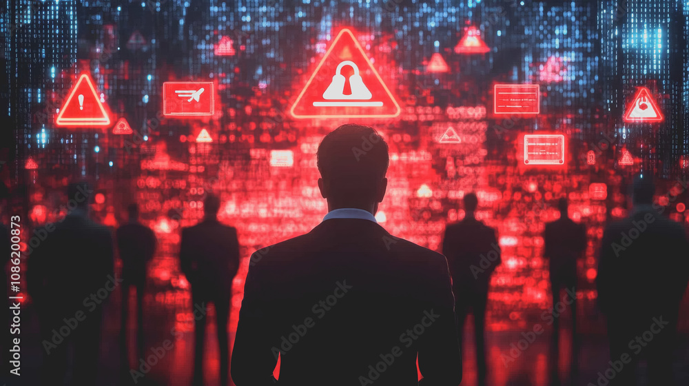 Aufkleber corporate businessmen analyzing digital threats in a high-tech environment with warning icons and da